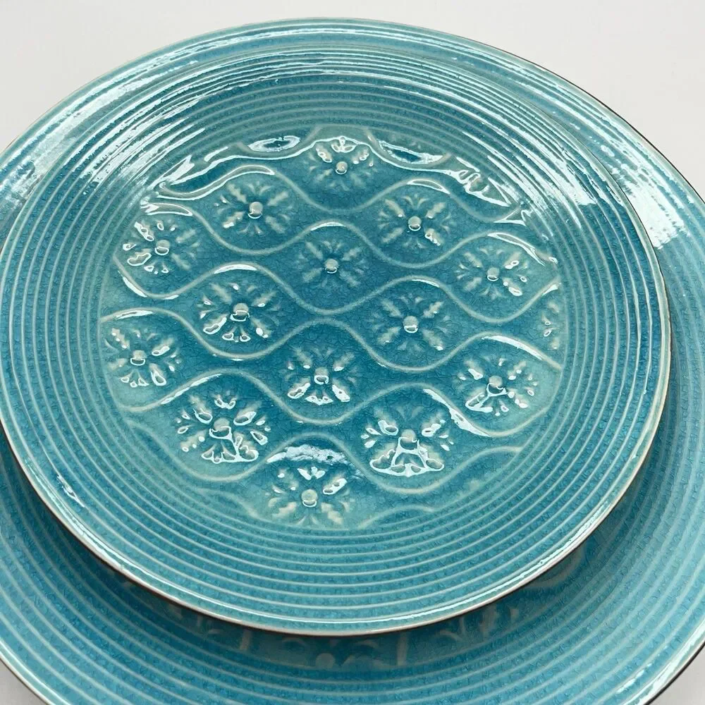 Vintage Set Pier 1 Turquoise Plate Crackle Pattern Stoneware Salad 8.5”  And 11”
